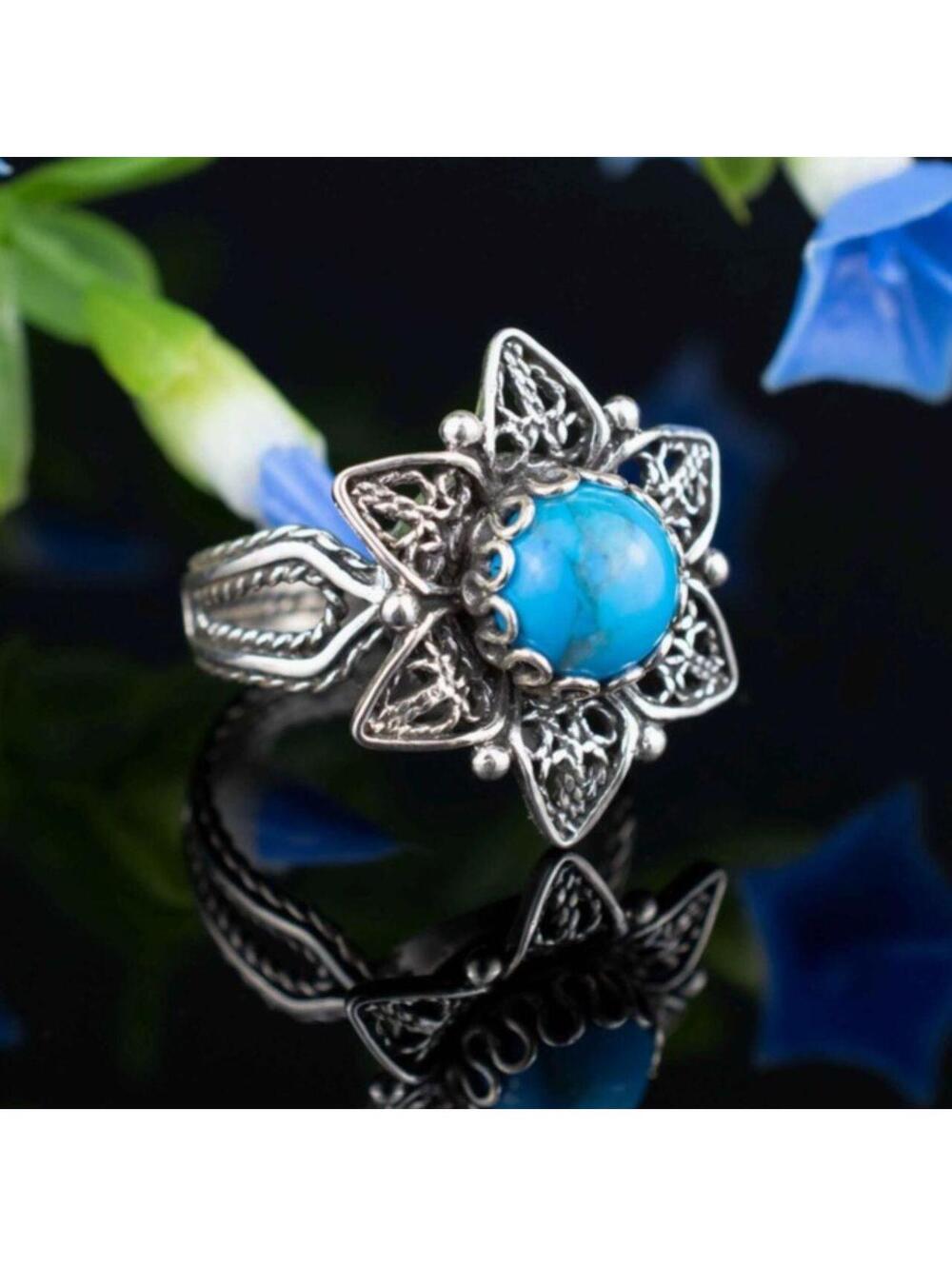 Art Turquoise Gemstone Women Daisy 925 Silver Ring
